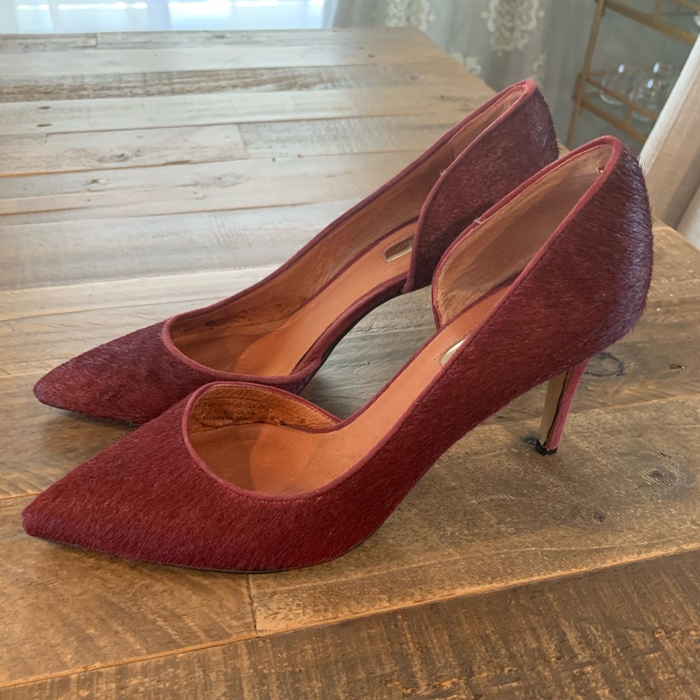 Halogen faux hair pumps with suede heel.